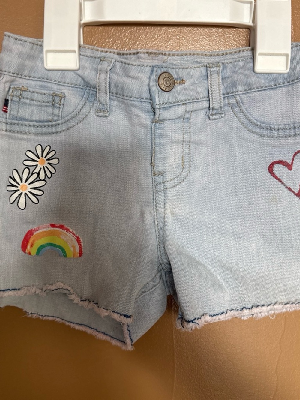 Vigoss Light Blue Denim Shorts with Daisy, Rainbow & Heart Accents